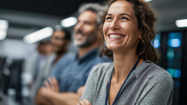 Cheerful data center coworkers implement AI predictive maintenance systems screens showing hardware diagnostics server racks glowing a collaborative vibe AI predictive