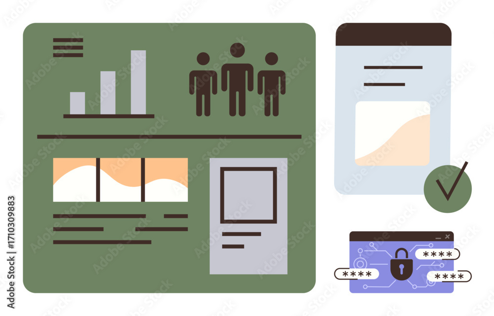 Poster analytics dashboard with charts, users, content cards, mobile app panel, checkmark, and secure passw