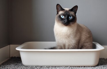 Siamese cat with striking blue eyes sitting in a white litter box on a carpeted floor