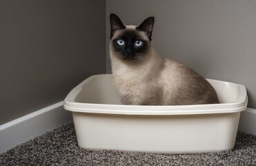 Siamese cat in litter box with blue eyes and cream fur in carpeted room