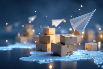 This poster features a contemporary logistics theme with cardboard boxes stacked near illuminated paper airplanes. It depicts a digital map background, emphasizing efficiency
