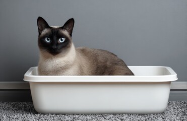 Siamese cat relaxing in litter box on gray carpet background
