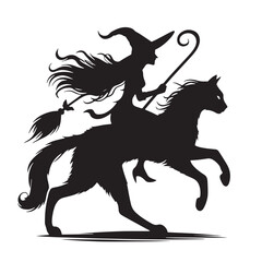 Black Witch Riding Cat Silhouette Vector Illustration design, Solid White Background