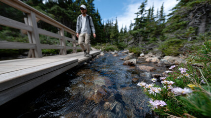 Fototapeta premium A peaceful moment captured with a person walking along a wooden bridge beside a clear stream, surrounded by vibrant greenery and delicate wildflowers.