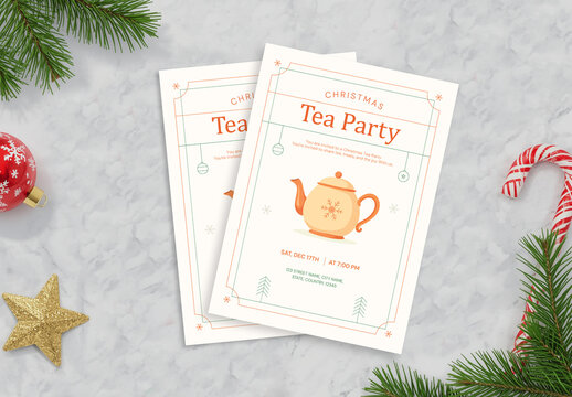 Minimalist Christmas Tea Party Invitation Card Design with Illustration