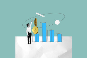 3D collage design composite trend artwork sketch of young age schoolboy stand hand hold coins trade cash budget market trade currency