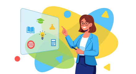 Teacher pointing at educational icons on a transparent screen.