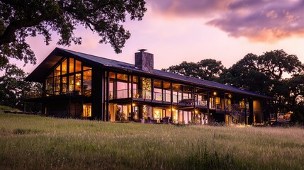 Obraz premium Modern home glowing at dusk, warmth and comfort in twilight.