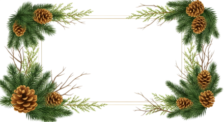 Christmas pine branches and pine cones border isolated on transparent background