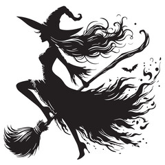 Black Witch on Broom Silhouette Vector Illustration design, Solid White Background