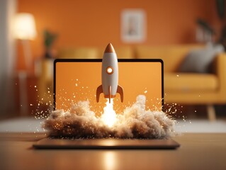 Rocket launching from laptop in modern living room with orange aesthetic