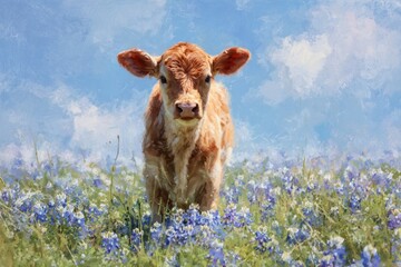 Young calf standing in vibrant bluebonnet field under clear blue sky