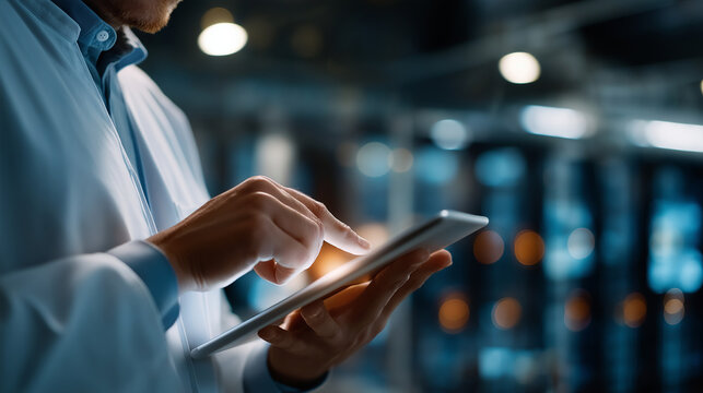 A technician in a data center uses a tablet for AI driven automation running predictive maintenance routines screens showing data flows server racks humming AI automation