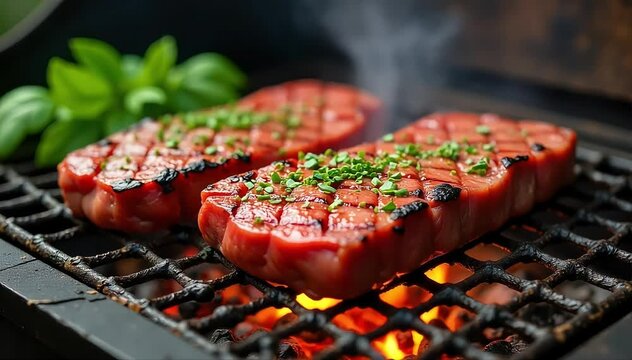 Large asado cuts resting on grill with glowing embers and fresh herbs sprinkled nearby 