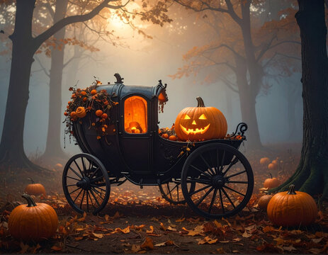Pumpkin carriage glowing in foggy forest, fairytale meets halloween, cinematic