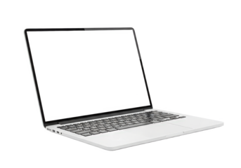 Sleek silver laptop with an open screen on a minimalist desk, showcasing a modern workspace setup