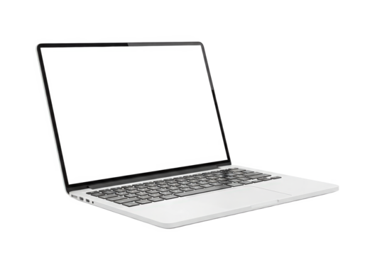 Sleek silver laptop with an open screen on a minimalist desk, showcasing a modern workspace setup