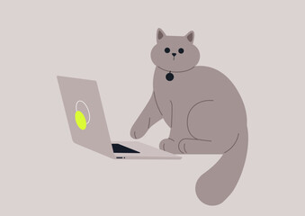A playful cat sits beside an open laptop, seeming fascinated by the screen, Its adorable features and calm demeanor create a warm, inviting atmosphere at home.