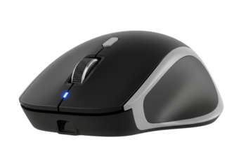Sleek wireless computer mouse with ergonomic design and blue LED light on a white background
