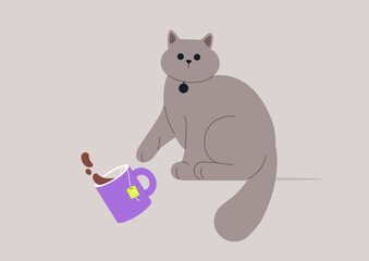A gray cat with a playful expression sits next to a purple mug tipped over, spilling tea onto a soft beige surface, capturing a whimsical moment of feline curiosity and mischief
