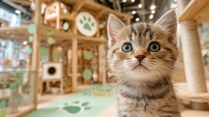 Curious kitten exploring a modern pet store with cat furniture and toys