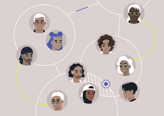 This artwork showcases intricate networking connections among a diverse group of people, Various circles highlight relationships and interactions, emphasizing collaboration and community