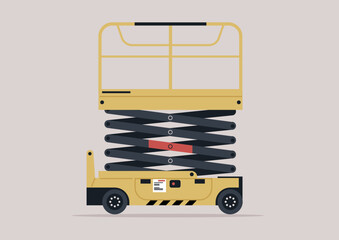 A warehouse scissor lifter stands ready, showcasing its robust design and functionality, The machinery is essential for lifting and moving goods in a busy distribution center during daytime operations