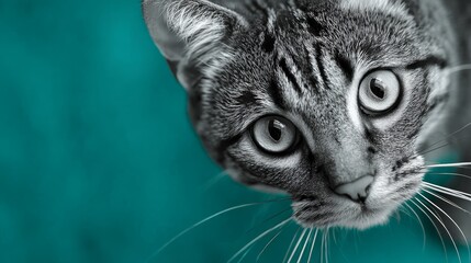 Close-up of tabby cat with striking whiskers against teal background