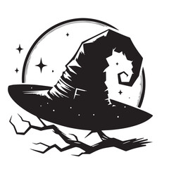 Black Witch Hat Silhouette Vector Illustration design, Solid White Background