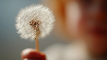 Close-up of child holding dandelion puff in sunlight