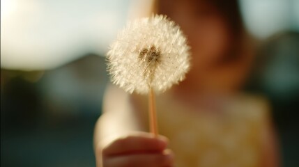 Young caucasian female holding dandelion in sunlit outdoor setting
