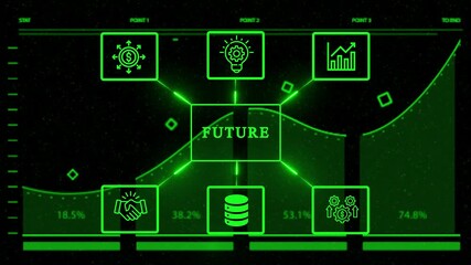 Futuristic interface with business icons and data analysis, representing the future of technology and financial growth in a modern, digital world - Powered by Adobe