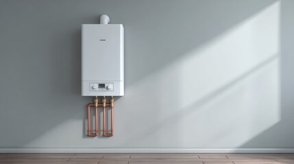 Modern white wall-mounted boiler with copper pipes in minimalist interior