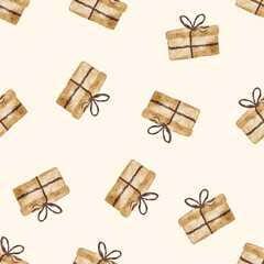 Packages tied with string, wrapping paper seamless pattern for birthday or christmas holiday design.