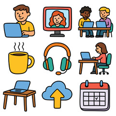Hand-drawn cartoon remote work icon set isolated on white background. Vector illustration.