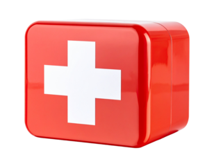 Classic red safety box with a white cross symbol isolated on transparent background PNG
