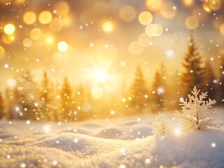 Naklejka premium Magical winter wonderland with snowcovered trees, snowflakes, and golden bokeh lights in background
