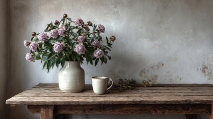Rustic peony bouquet in ceramic vase on vintage wooden table