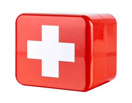 Classic red safety box with a white cross symbol isolated on transparent background PNG