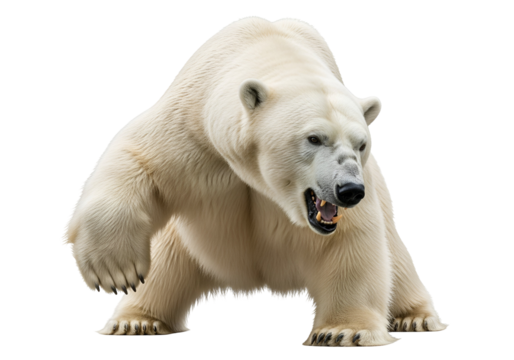 A powerful polar bear, its imposing stance and fierce expression, captured against a stark black backdrop, displaying its formidable presence.