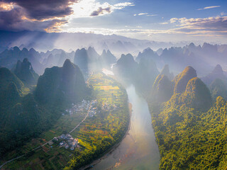 Sunrise landscape of Guilin , Li River and Karst mountains called Xianggong, Guangxi, China