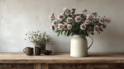 Rustic still life with dahlias in vase on wooden table