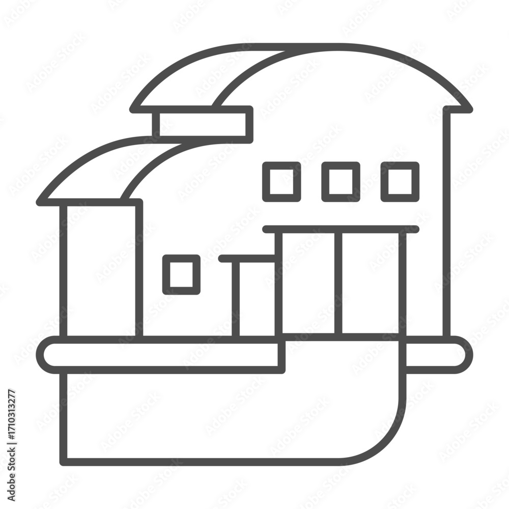 Poster building with warehouse thin line icon, manufacturing logistic concept, hangar with gate and road si