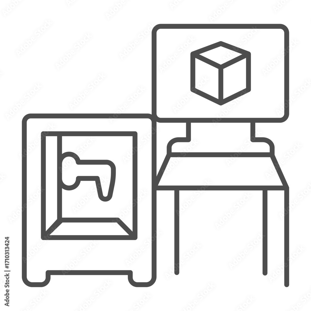 Aufkleber remote control with monitor, 3d printer with print head thin line icon, manufacturing concept, smart