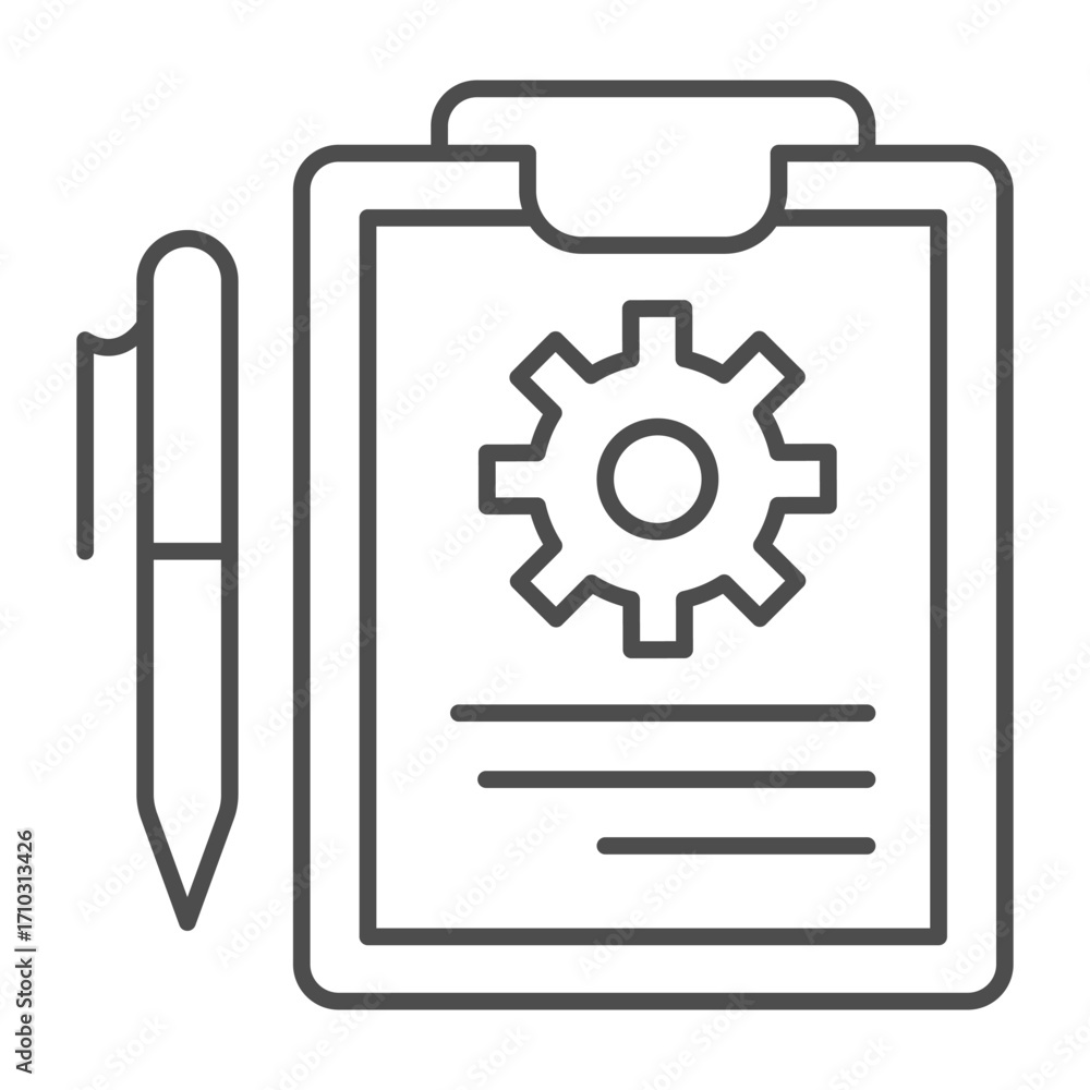 Aufkleber sheet on clipboard with task for mechanic and pen thin line icon, manufacturing management concept, 