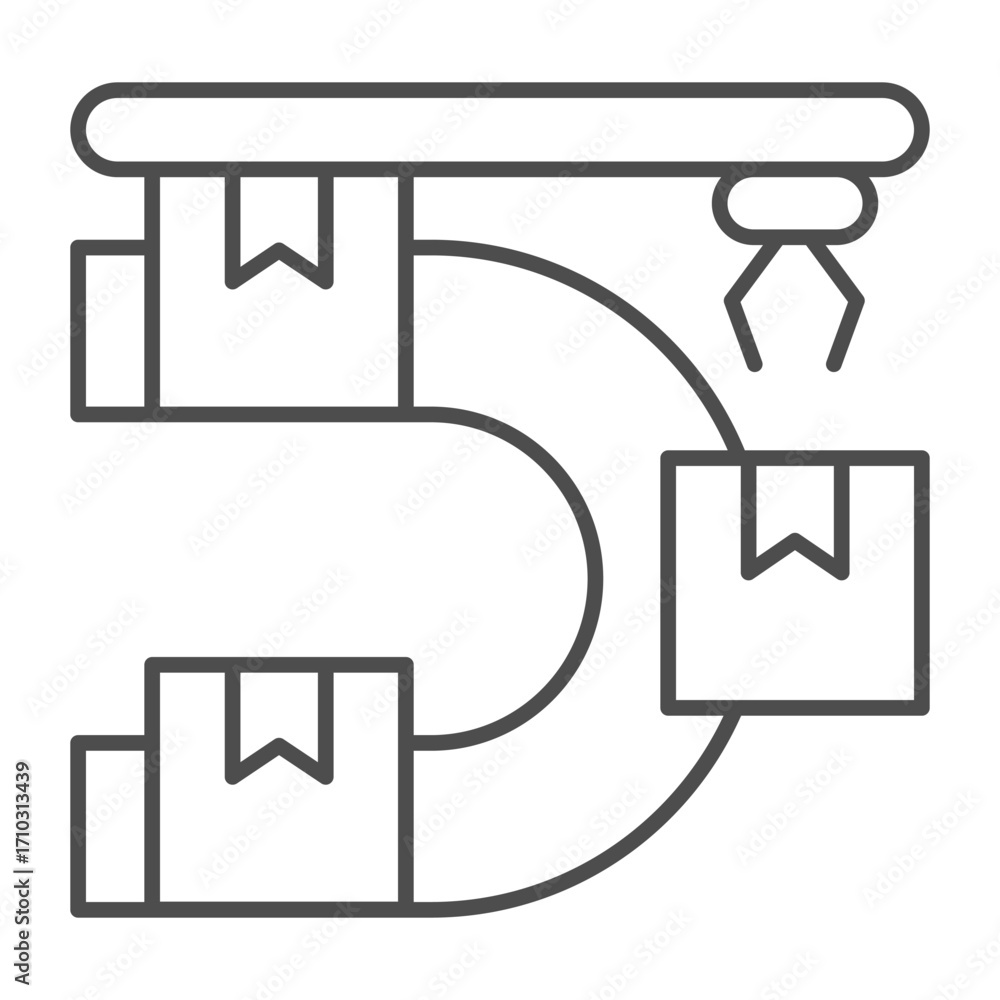 Aufkleber Sorting conveyor with boxes and robotic arm thin line icon, manufacturing concept, robot claw work sign on white background, outline style icon for mobile and web design. Vector graphics.