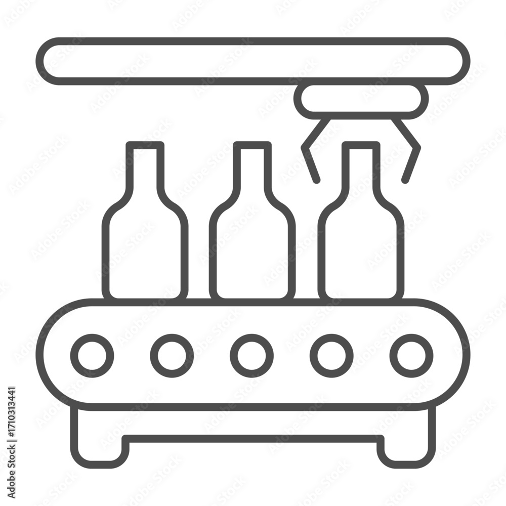 Aufkleber conveyor with bottles and robotic arm claw thin line icon, manufacturing concept, factory belt bottl