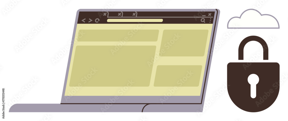 Poster laptop screen with webpage layout, adjacent lock, and cloud icon symbolizing secure browsing. ideal 