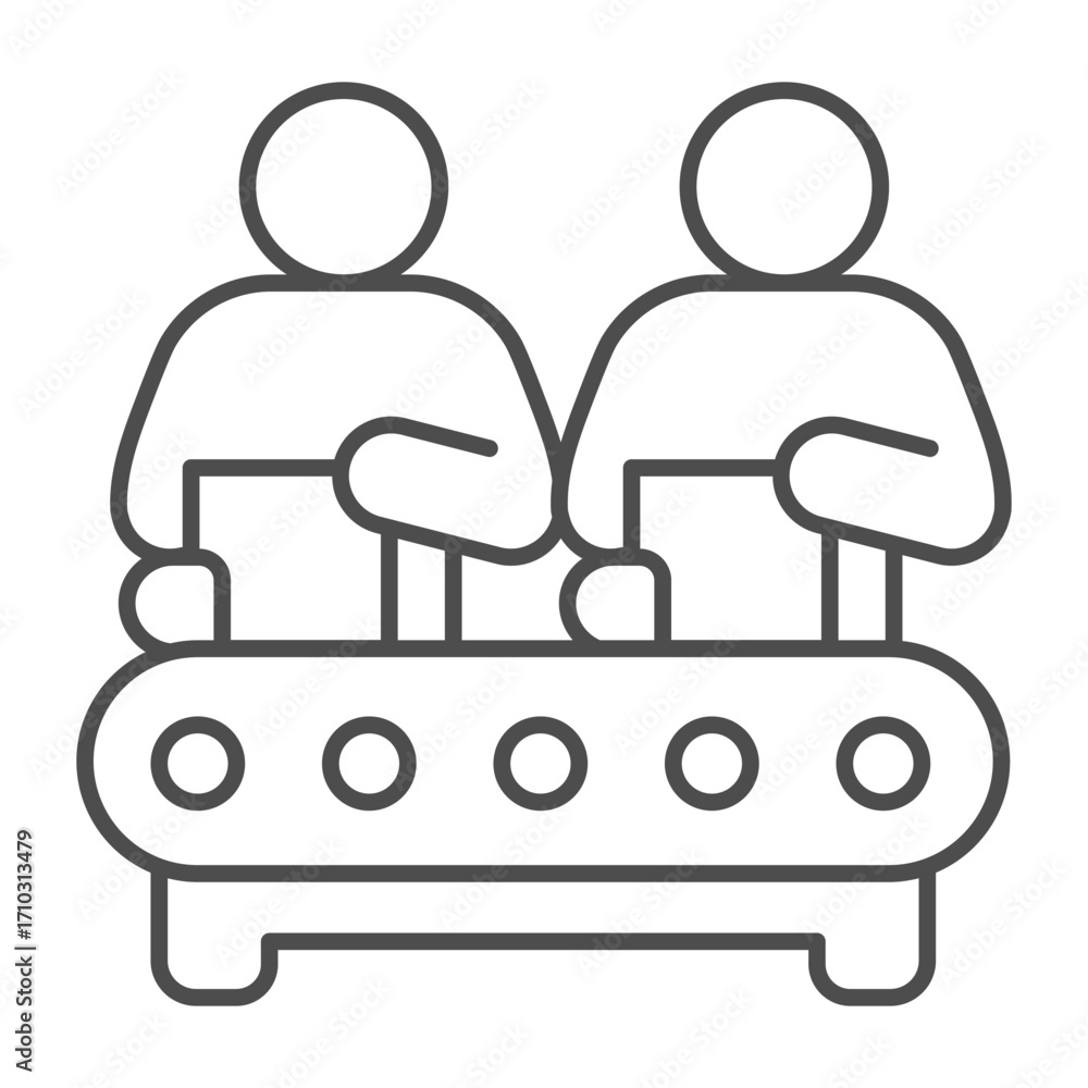 Aufkleber two people working at conveyor with boxes thin line icon, manufacturing work concept, factory worker