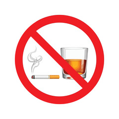 A red prohibition sign indicating no smoking and no alcohol, featuring a lit cigarette and a glass of amber liquid crossed out.